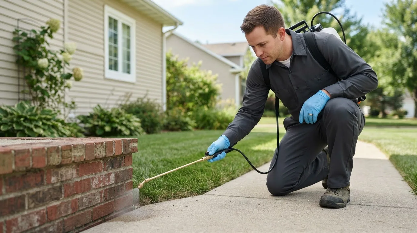 Pest control technician treating a home near Emington, IL