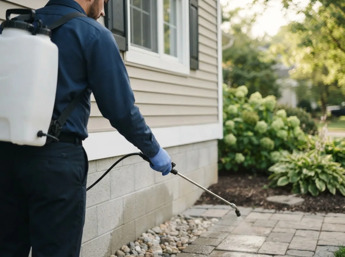 Pest control technician inspecting a home in Emington, IL